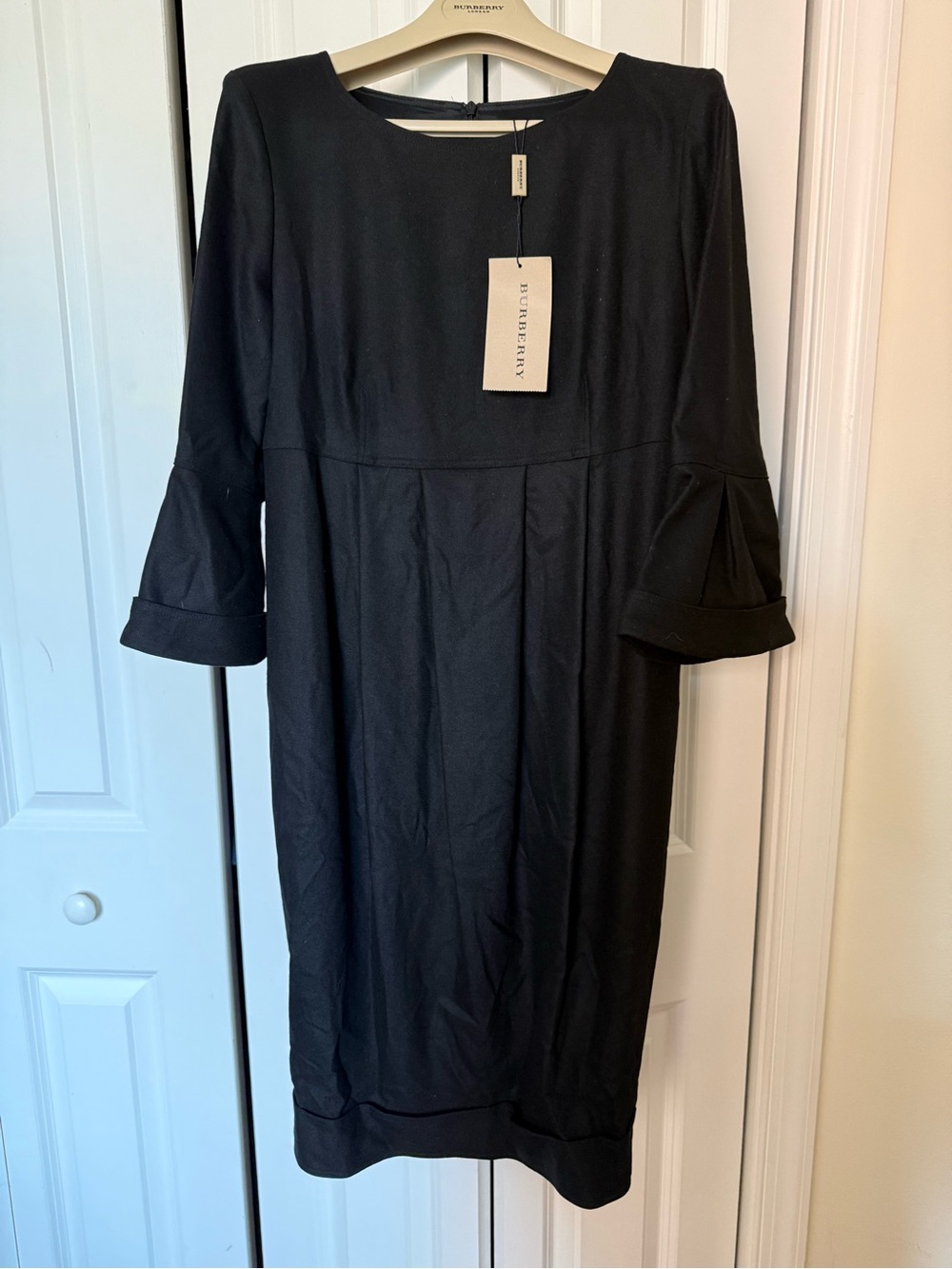 Burberry Black Midi Shift Dress with Three-Quarter Bell Sleeves